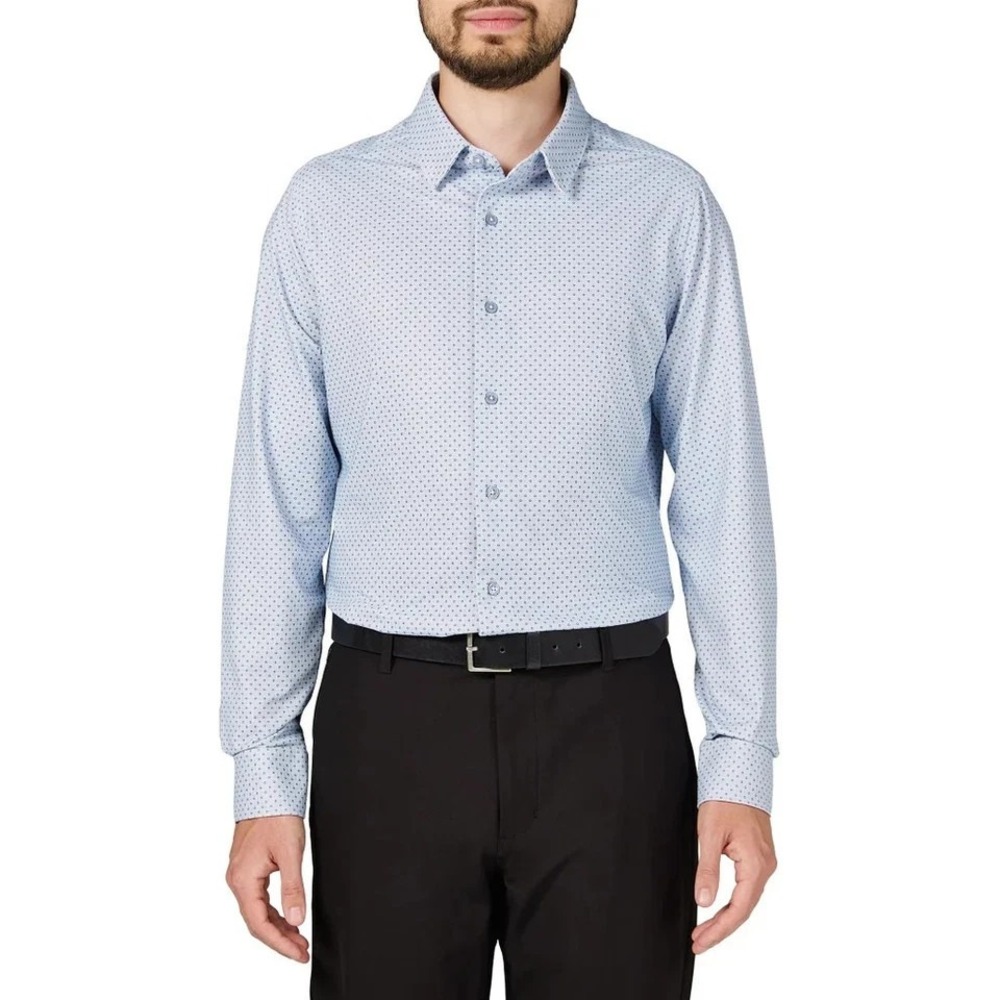 Infinity Mens Textured Button Up Shirt Blue Geometric Linearflex Stretch Medium